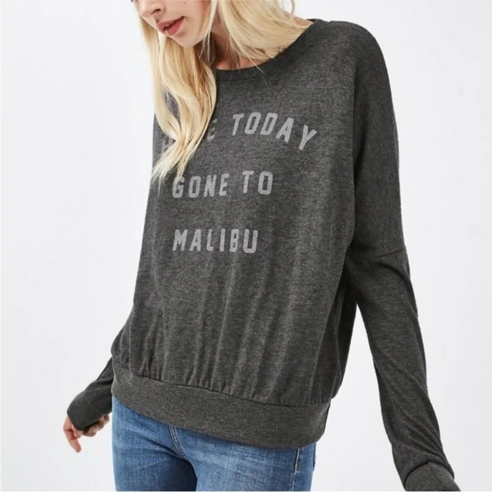 Project Social T Here Today Gone to Malibu XS Gray Pullover Long Sleeve